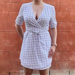 Lavender Purple, White Gingham Low Cut Wrap Mini Dress